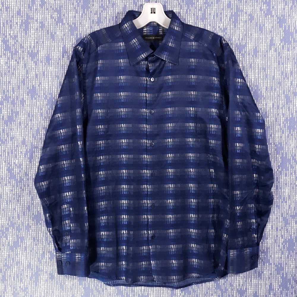 Jhane Barnes Shirt Mens L Silk Blend Abstract Party Disco Blue 80s 90s Retro